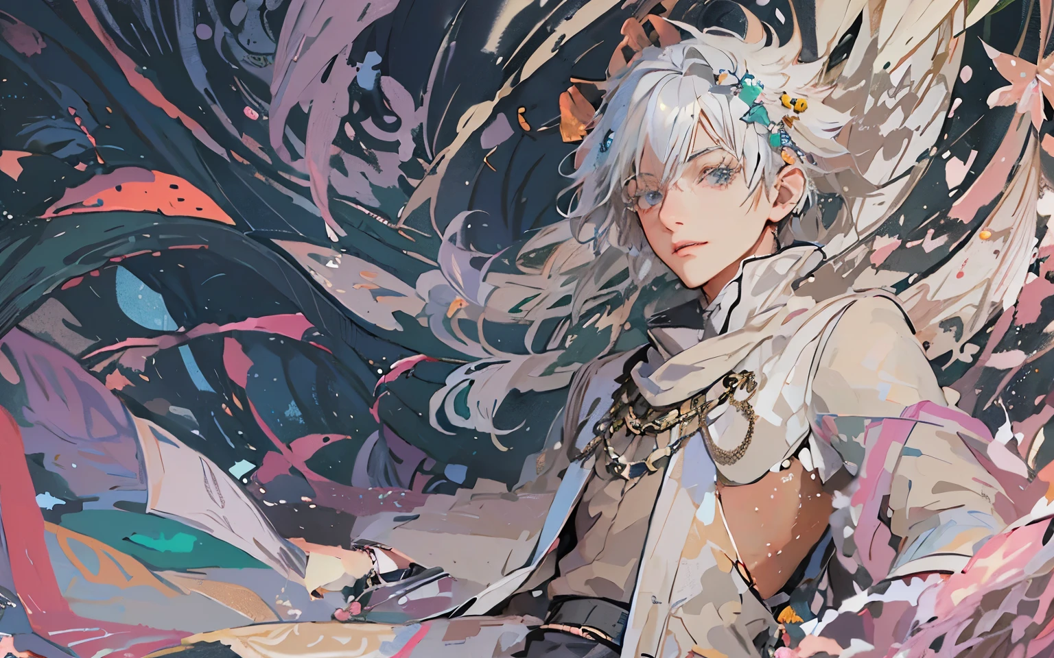 Silver-haired boy neutral A lot of gems accessories Light ethnic costume Fluttering pastel colour