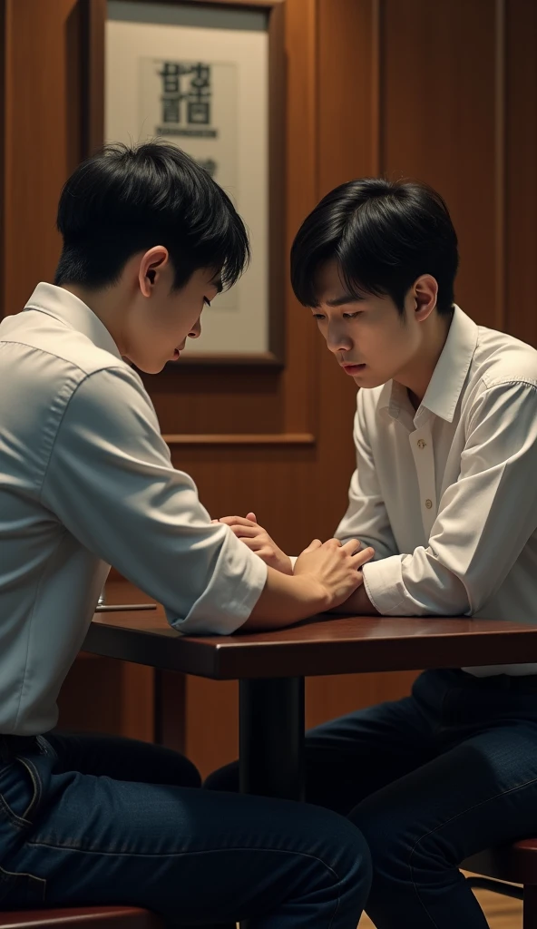 Image of a young black-haired Korean man dressed in blue jeans and a white shirt inside a restaurant looking for a job being cruelly rejected and humiliated by the boss.