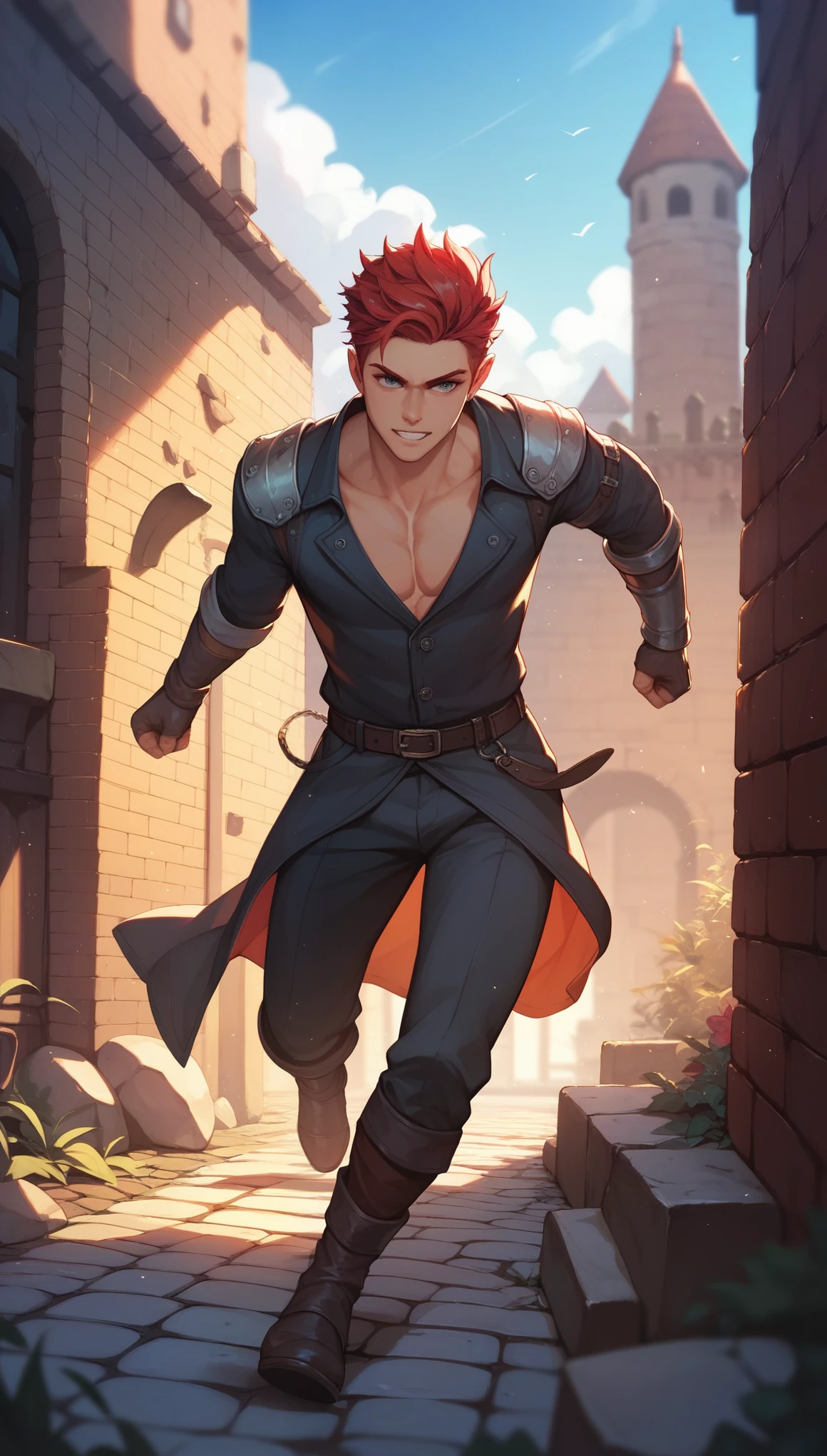 game cover, dungeon brick, a boy with red hair running avoiding traps