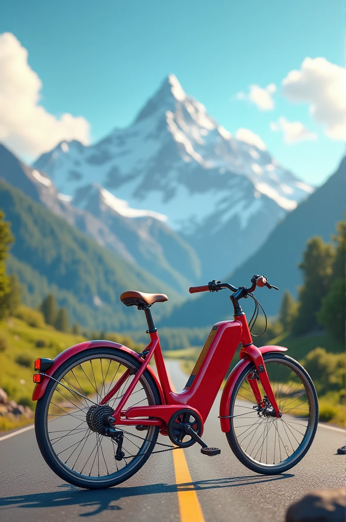 A red bike on the road and mountains