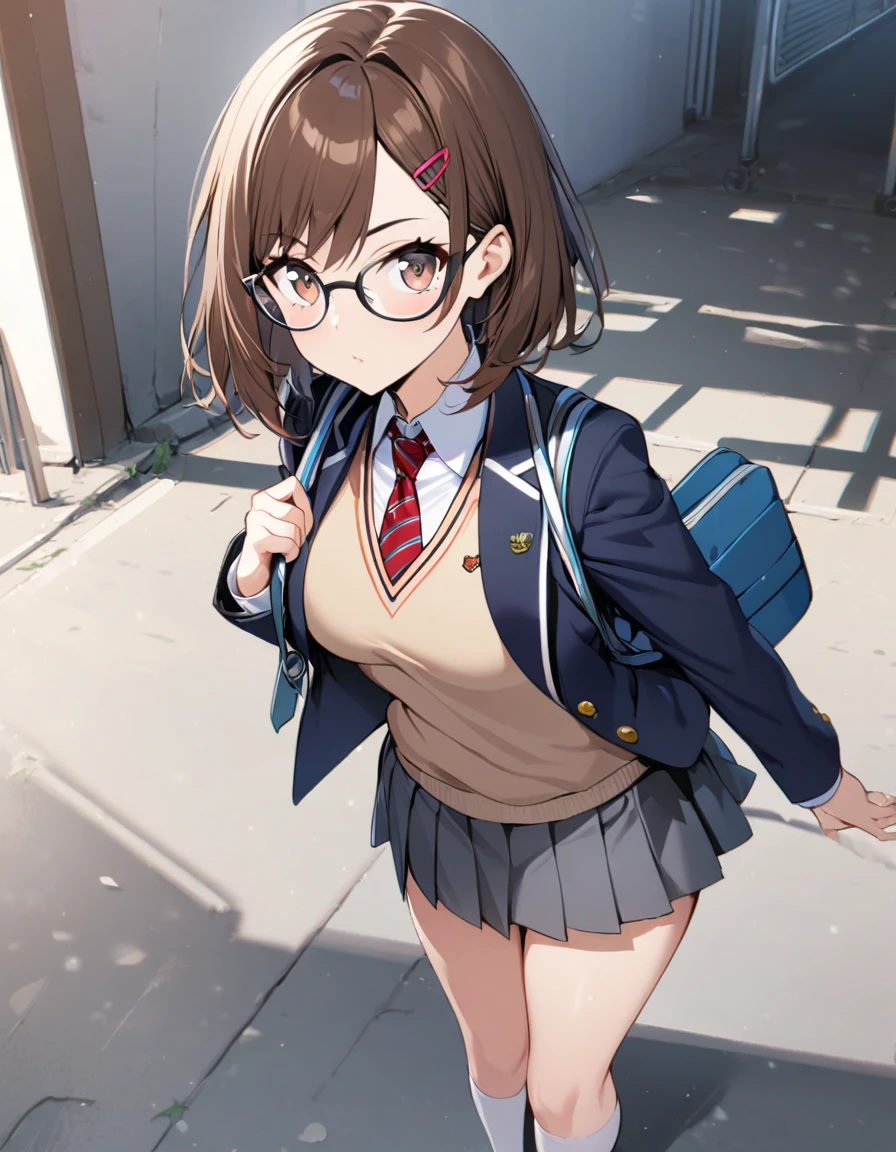 1 girl, brown hair, hair clip, glasses, school uniform, blazer, sweater vest, necktie, gray skirt, long socks, shoes, looking at viewers, standing
