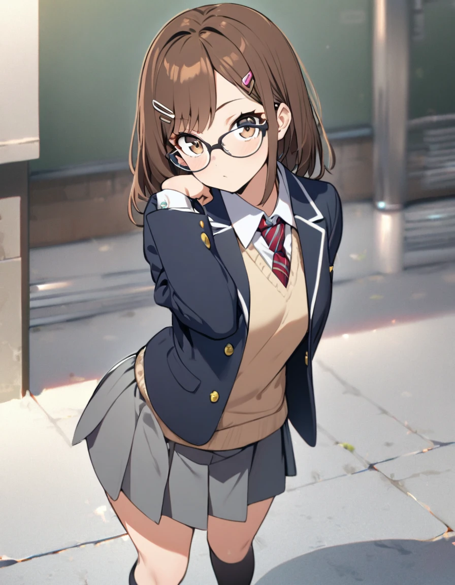 1 girl, brown hair, hair clip, glasses, school uniform, blazer, sweater vest, necktie, gray skirt, long socks, shoes, looking at viewers, standing