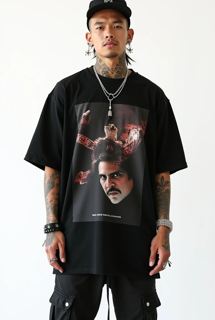 Ready now generate me a model wearing an oversized t-shirt with an urban style who also uses a cap and accessories such as earrings, tattoos, etc. with a white background, male model
(preferably black t-shirt with prints   )