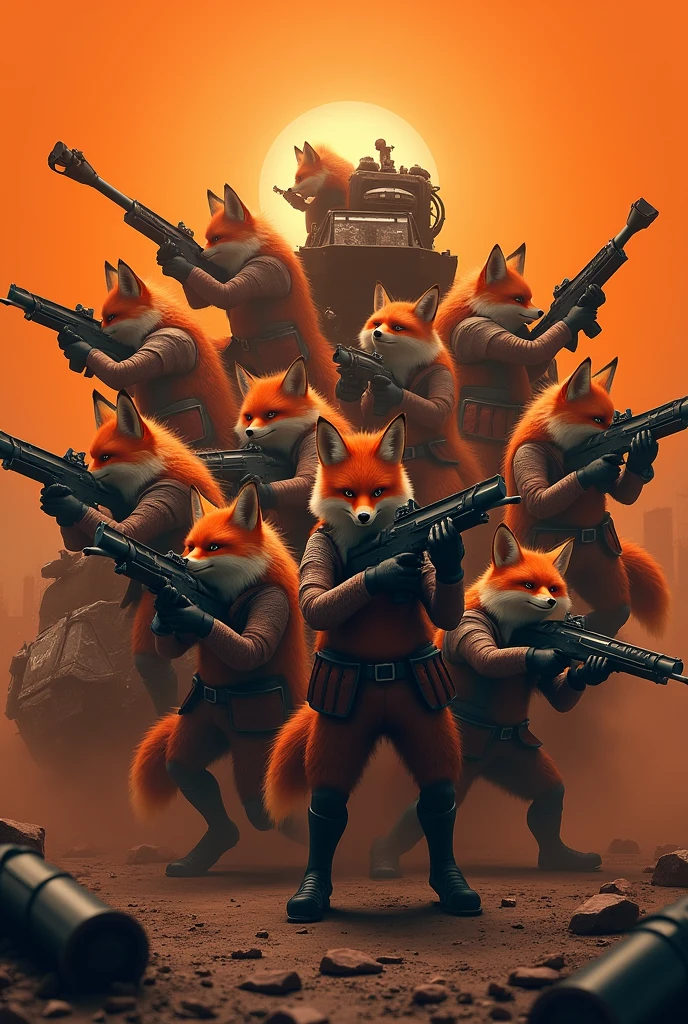 Lots and lots of foxes with guns. On a dark orange background with armored vehicles in the crossout style. High realism