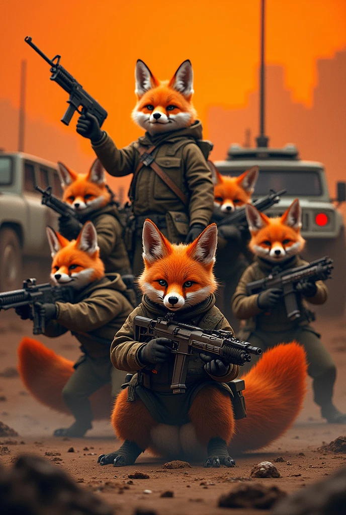 Lots and lots of foxes with guns. On a dark orange background with armored vehicles in the crossout style. High realism