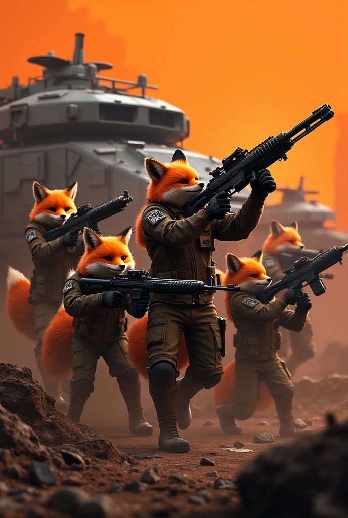 Lots and lots of foxes with guns. On a dark orange background with armored vehicles in the crossout style. High realism