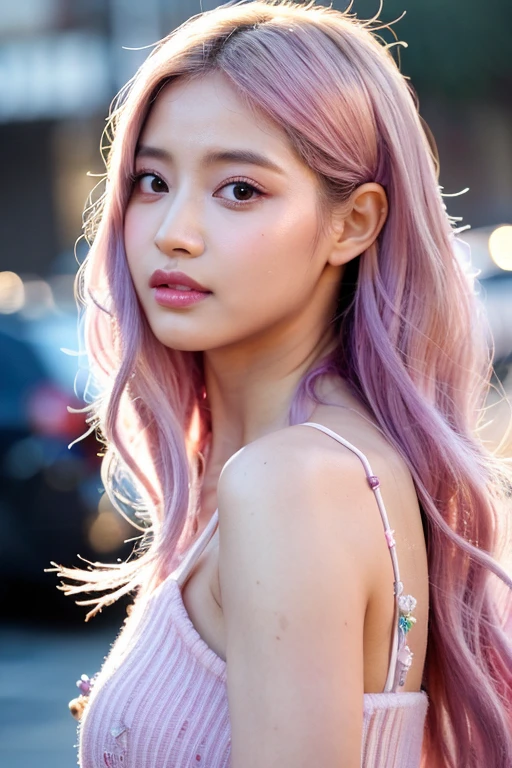 ((melhor qualidade)), ((obra de arte)), (detalhado), K-pop idol, girl, dreamy, lilac colour, long pink wavy hair with fringe, fiercy look, confident, holographic concept