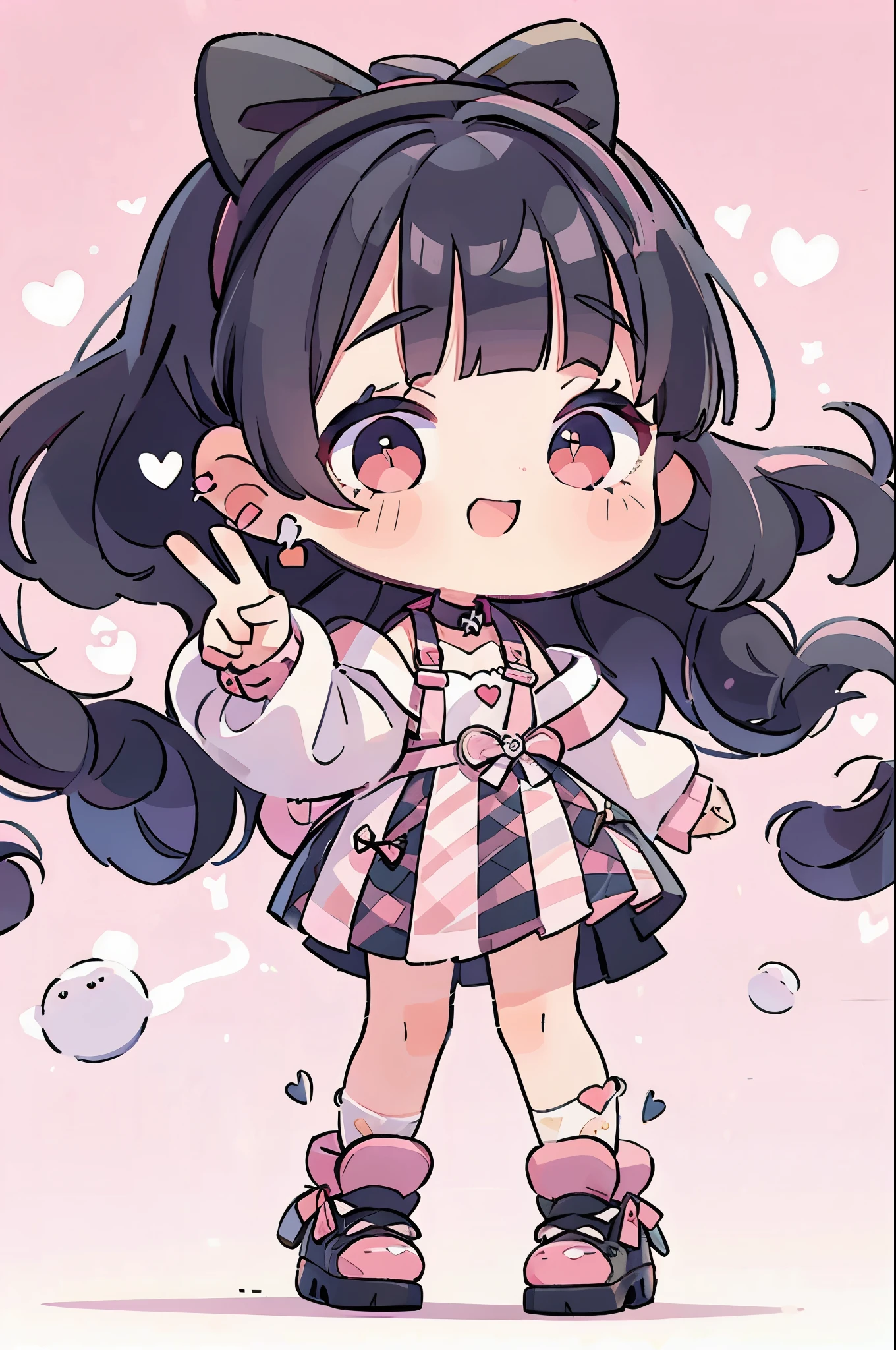 ((from front)),
((chibi)),
((peace sign)),
high resolution,smile,woman,woman1人,adult,cute,
blunt bangs, black hair, pink streaked hair, wavy hair, long hair, BREAK,
Red eyes,Sparkling Eyes,BREAK,
((Landmine fashion)),
Pink off-shoulder top,BREAK,Black plaid pleated skirt,BREAK,Black high heels,
Ribbon headband,BREAK,Heart Earrings,BREAK,Lace choker,BREAK,
Pink hearts on a white background,