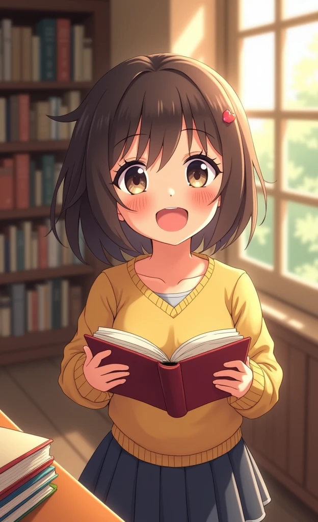 Girl holding a book in a library with the sun shining in through a window, she smiles with a joyful expression and is happy to see you, she is blushing, a brown table with various books is next to her.