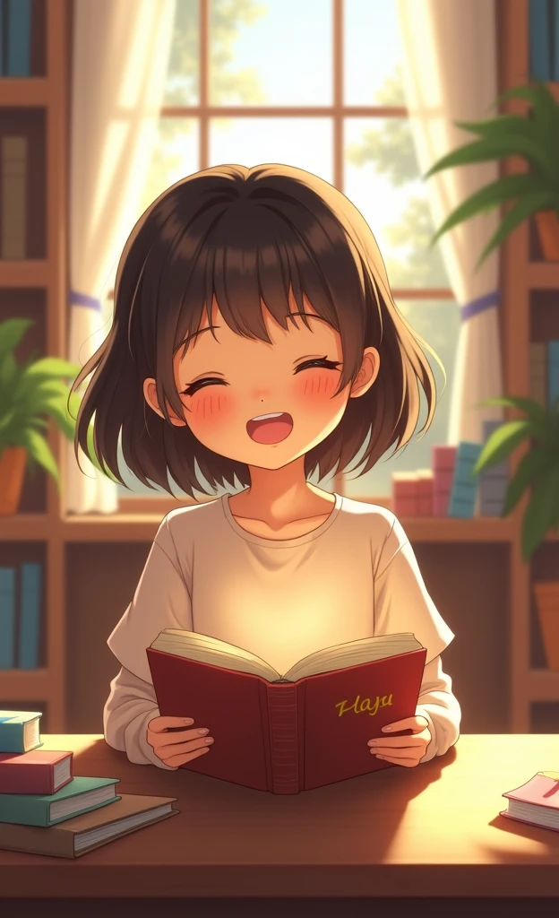 Girl holding a book in a library with the sun shining in through a window, she smiles with a joyful expression and is happy to see you, she is blushing, a brown table with various books is next to her.