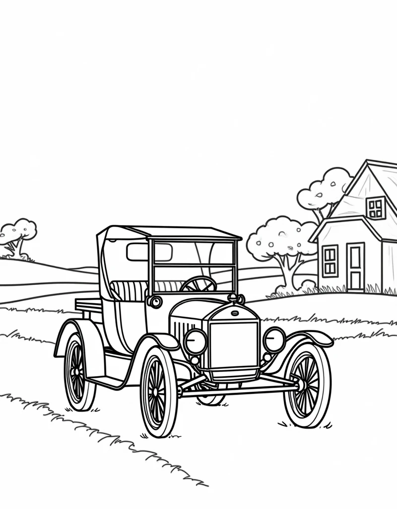 Imagine a Ford Model T car.
Country of Origin: United States
Brand: Ford
Model: Model T
Year of Creation: 1908, with a landscape in the background and some structures according to its time, coloring book page, black and white style