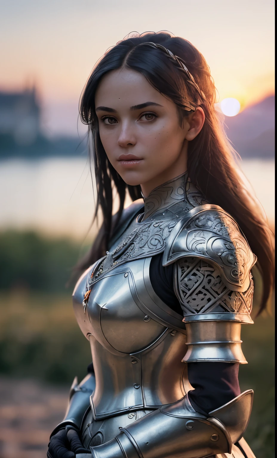 (masterpiece), (extremely intricate:1.3), (realistic), portrait of a girl, the most beautiful in the world, (medieval armor), metal reflections, upper body, outdoors, intense sunlight, far away castle, professional photograph of a stunning woman detailed, sharp focus, dramatic, award winning, cinematic lighting, octane render unreal engine, volumetrics dtx, (film grain, blurry background, blurry foreground, bokeh, depth of field, sunset, motion blur:1.3), chainmail