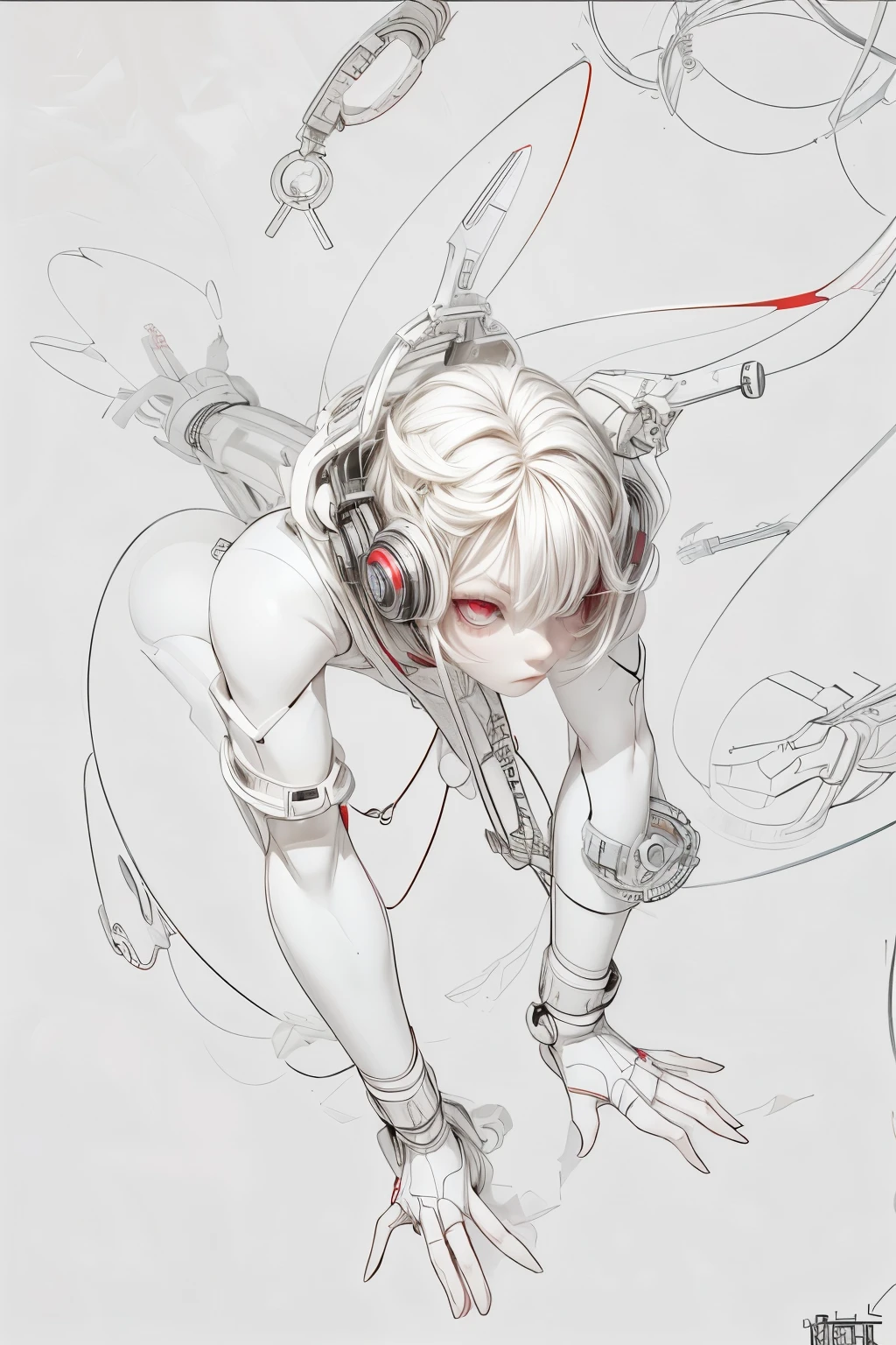 appearence a  teenage girl,red eyes,albino,calm,quiet,cute,pretty,full body,looking ahead,short hair combed back,red outfit,black short,tied hair,spider verse suit,serious look,cyberpunk background 