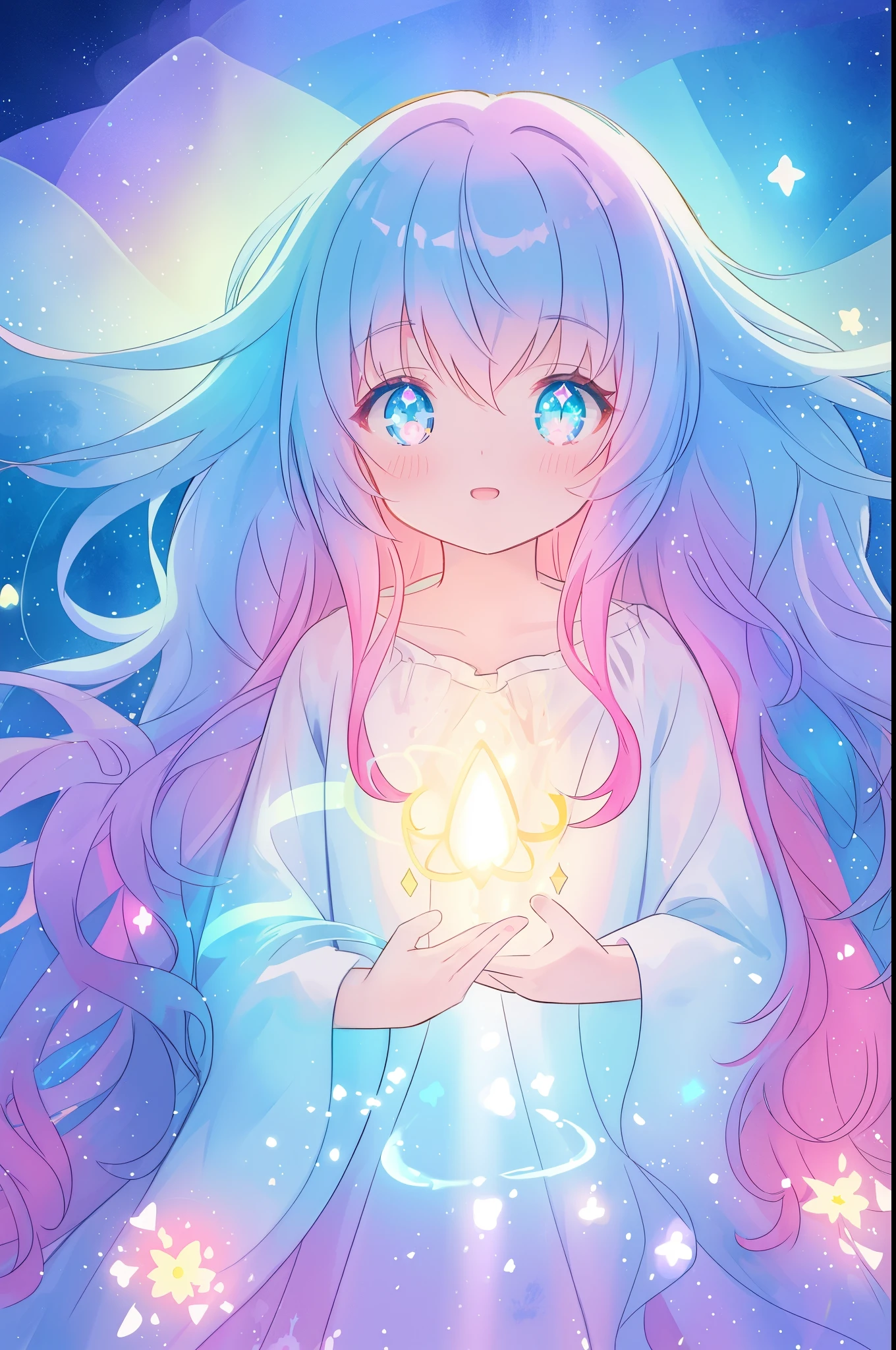 beautiful anime girl in flowing layered ballgown, vibrant pastel colors, (colorful), magical lights, magical flowers, flowers, glowing lights, red pink long wavy hair, sparkling lines of light, inspired by Glen Keane, inspired by Lois van Baarle, disney art style, by Lois van Baarle, glowing aura around her, by Glen Keane, jen bartel, glowing lights! digital painting, flowing glowing hair, glowing flowing hair, beautiful digital illustration, fantasia background, whimsical, magical, fantasy, beautiful face, ((masterpiece, best quality)), intricate details, highly detailed, sharp focus, 8k resolution, sparkling detailed eyes, liquid watercolor