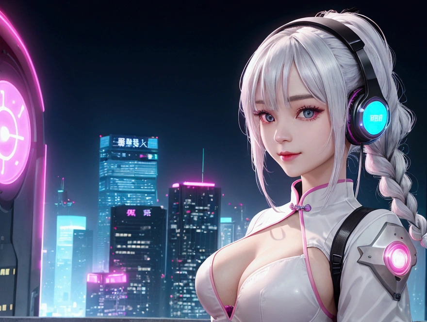 1 woman, Chinese_clothes, liquid silver and pink, Cyber Han, Cheongsam,White bra,White underwear with a bow, cyberpunk city, dynamic gesture, Glowing headphones, glowing hair accessories, long hair, glow earrings, Fluorescent necklace, cyberpunk, เมืองที่มีtechnologyสูง, full of mechanical and of the future elements, of the future, technology, glowing neon, pink, Light blue, Clear tool, Transparent beam, laser, City Sky Digital Background, Big Moon, with vehicles, best quality, Masterpiece, 8ก, Edge of character light, Extremely high detail, High quality, The most beautiful woman in humanity, smile a little, The face faces left and right symmetrically., Ear decoration, Beautiful iris light effect, Image data, I have silver-white hair, Hair is not messy, Short hair with two high braids on each side, Luminous electronic clock, deep eyes, be happy, English Doodle Writing