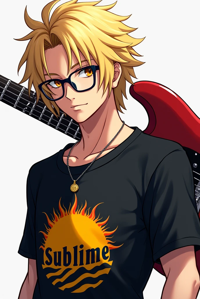 A man with gloves and a black shirt and a logo of a sun that says sublime and medium-length, short, big blonde hair and black glasses and a guitar on his back and anime