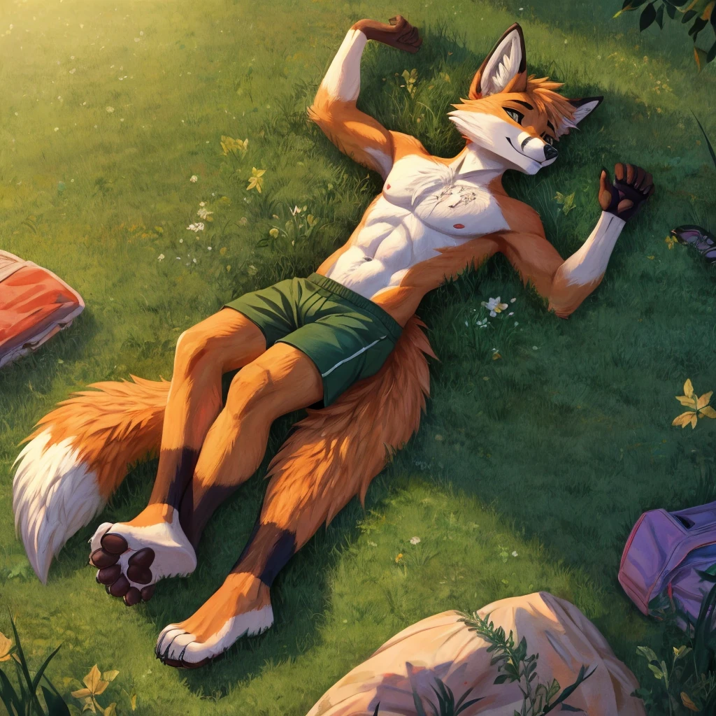fox, furry, orange fur, white fur on chest, barefoot, fox tail, 4 toes on feets, dark green shorts, lying on a grass in a park, pads on feet and hands, showing soles feet.