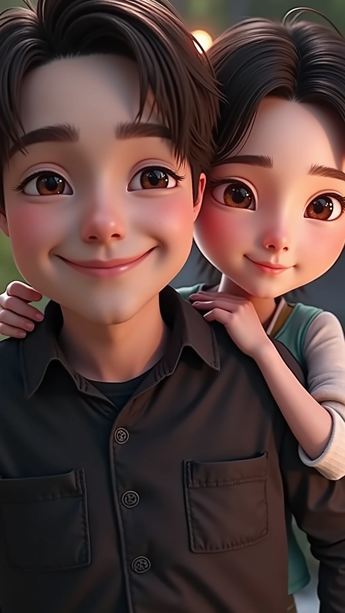 A couple hugging tenderly, intimate embrace, soft lighting, warm colors, romantic, highly detailed, 8K, photorealistic, beautiful facial features, intricate clothing, lush background, natural setting, cinematic composition, dramatic lighting, glowing skin tones, tender expressions, emotional connection