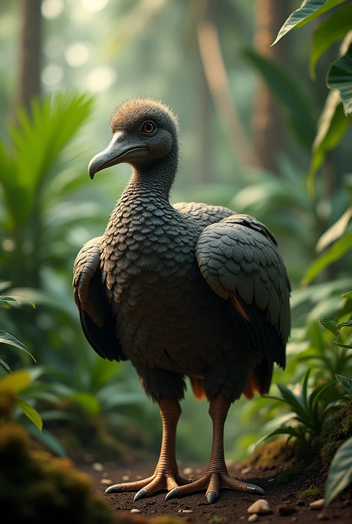 Generate a highly detailed and realistic image of a dodo bird in its natural habitat on the island of Mauritius. The dodo should have a large, hooked beak, a plump body covered in grey-brown feathers, and short legs. Show it in a lush, tropical environment with dense vegetation."
