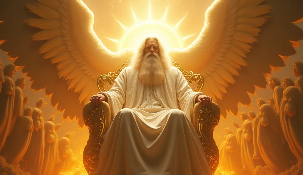 Generate images of Gigantic God in heaven who is vast, face of white gold light, with long hair white, white beard, face hidden by golden light in a white robe of His firery golden Thrown of light. Cover his face with White light and put him on a large firy gold throne surrounded by 24 elders and angel of Cherubim and Seraphim with four faces, the face of a man, an eagle, an Bull and a Lion. They are around God's thrown. God is vast, 32K UHD, Style Raw, detailed, masterpiece, realistic, your golden sign written "king of kings , Lord of Lords " Its resplendent light capable of blinding any vision, God doesn't have wings.other thrones with ancient beings on them