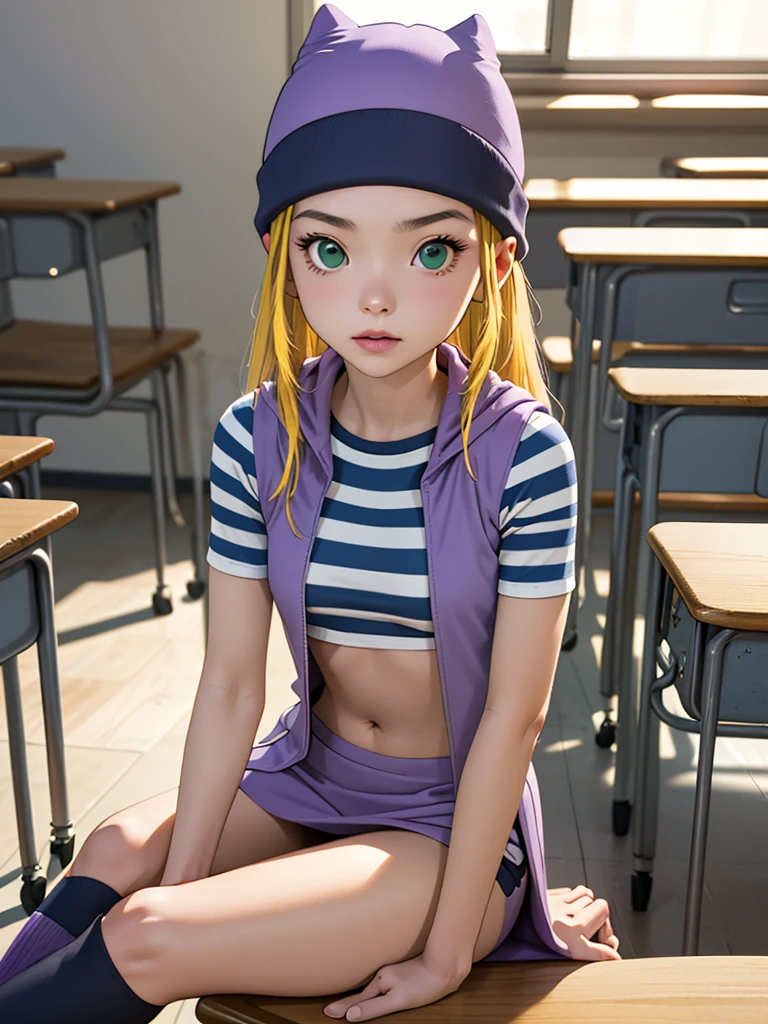 (masterpiece, best quality), 1girl, izumi Orimoto, indoors, classroom, seated, green eyes, blonde hair, long hair, purple beanie, purple vest, purple miniskirt, blue white striped shirt, long purple socks, sneakers, purple vest, striped shirt, navel shirt