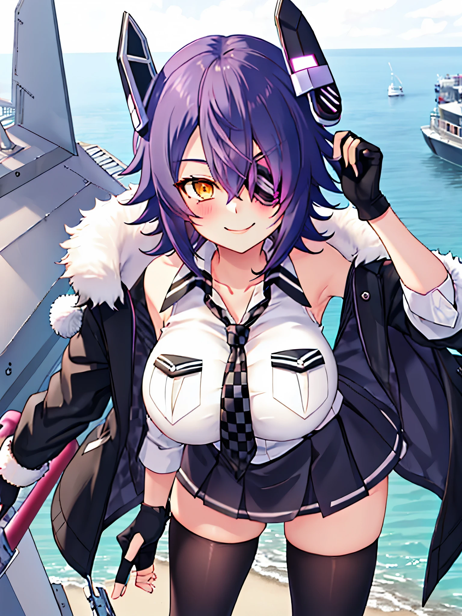 best quality, masterpiece, solo, {tenryuu_kantaicollection:1.15}, teen_girl, eyepatch, short_hair, purple_hair, yellow_eyes, headgear, breasts, necktie, large_breasts, smile, 1girl, blush, checkered_necktie, hair_over_one_eye, shirt, collared_shirt, white_shirt, jacket, sleeveless, brown_eyes, fur-trimmed_jacket, fur_trim, collarbone, looking_at_viewer, pocket, breast_pocket, ,, messy_hair, black_gloves, gloves, partially_fingerless_gloves,harbor_road_landscape_background,outdoor,short_skirt,thigh-highs,boots,sunlight,from_below,nihil,