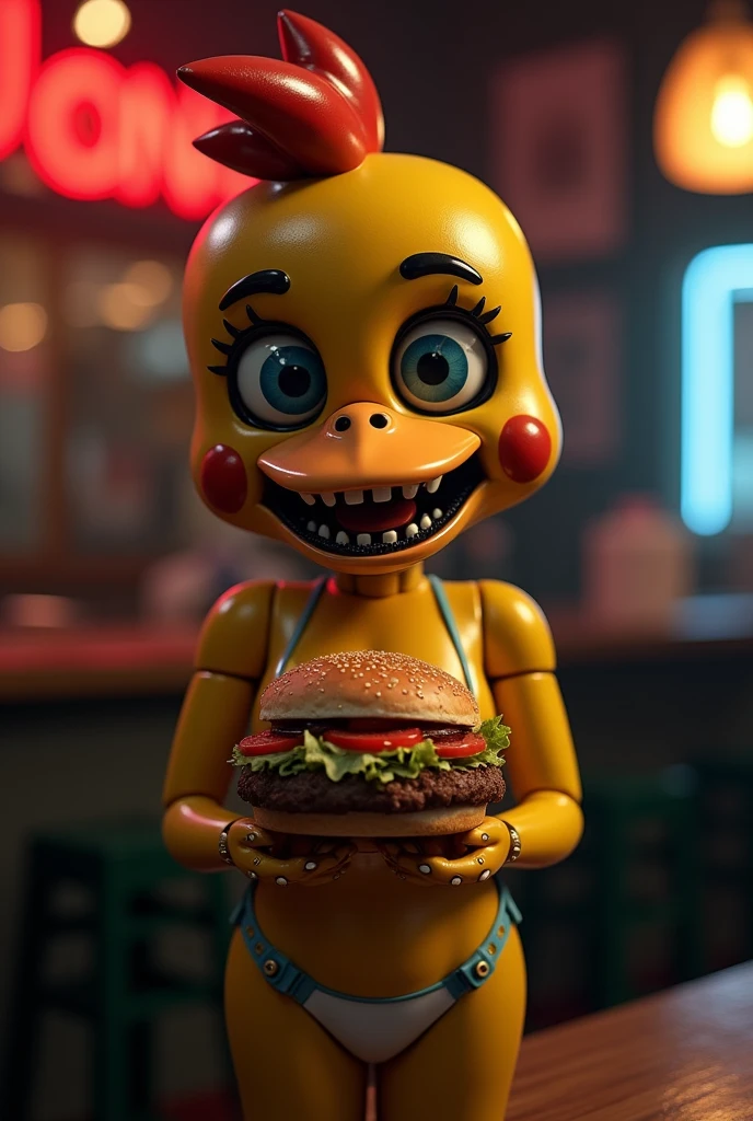 Adorable animatronic chicken girl toy from Five Nights at Freddy's in a bikini with a sexy skinny body in the scary pizzeria with a burger bigger than her mouth and she has it in her hands and she chews it then eats it and her belly grows to the size of a woman pregnant with 3 babies
