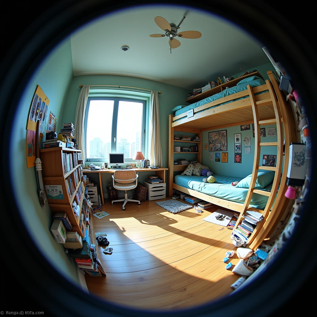 Messy girl's room, futurist, the room must be in perspective (fish eye) (do not include any person, only the fourth) In the foreground there should be a computer ( the computer must be facing away, the screen should not be visible) and in the background a bunk bed on its side against the wall full of books and art supplies