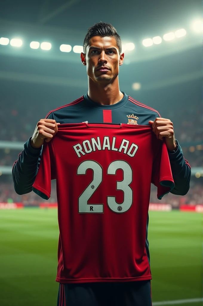 Cristiano Ronaldo holding the Roxman jersey with the number 23 in football 