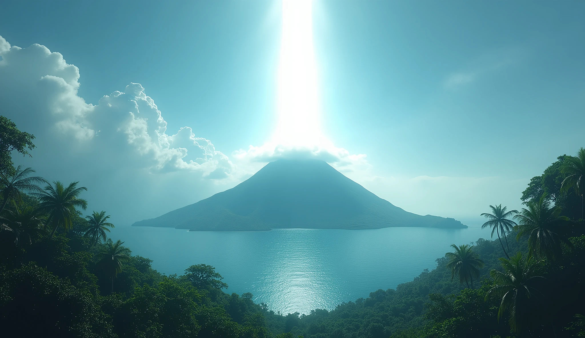 Ternate island, Maluku, Indonesia with an abstract white light on the top of the mountain that stretches straight towards the sky