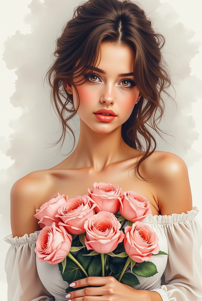 Portraiture: masterpiece, Watercolor, busty beauty, Holding a bouquet of roses to my heart, (photoRealistic:1.1), Very detailed, ultra-Realistic, Rich colors, Intricate brushwork, Fine art, realism, delicate petals of a rose, Realistic rendering, Expressive Face, Captivating Gaze, (Highest quality), (Detailed skin:1.2), (Realistic:1.1), (Bright and vivid), (emotional expression), (beautiful:1.3), (Attractions:1.2), (beauty:1.4), (Flowers:1.5).
masterpiece