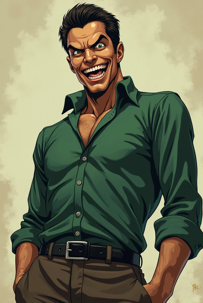 Malignant, naughty man, grown-up, blusa verde, Brown pants, slickedback hair, stark, アニメ, laughing madly.