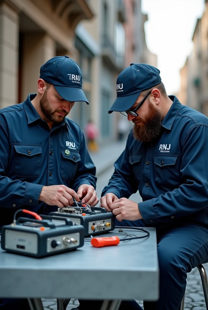 Two men in dark blue uniforms with rnj telecom written on them, one without a cap, hairy and with a beard and another with a cap, wearing glasses and with a big beard sitting at a table on the street with two optical cable splicing machines, fusing a splice box
