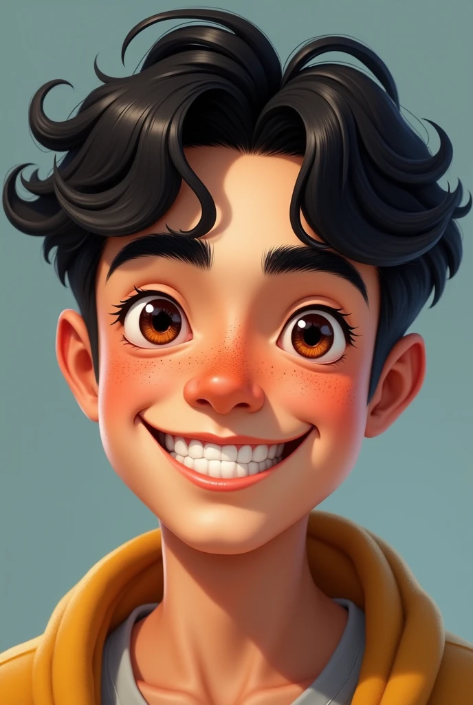 A young man with white skin, black hair with freckles. high , brown eyes smiling proudly