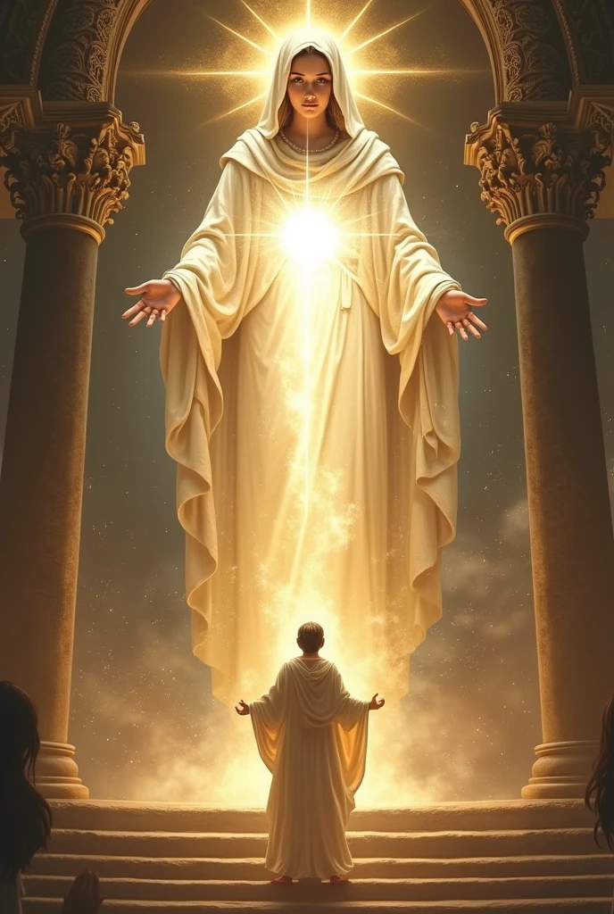 Create an image where the promise of  the virgin of  fatima (whose appearance is  more brilliant than the sun, and
radiated a light more clear and intense than a crystal glass filled with
sparkling water, when the rays of the burning sun shine through it) was kept by a young male sinner and she  is saving his soul at God's  heavenly court (which looks like inside of a celestial temple ) and Our Lady  opening her hands,
communicating him a light so intense from her hands that, as it streamed from
her hands, its rays penetrated his heart and the innermost depths
of his soul, making him see himself in God, Who was that light,
more clearly than he sees himself in the best of mirrors

