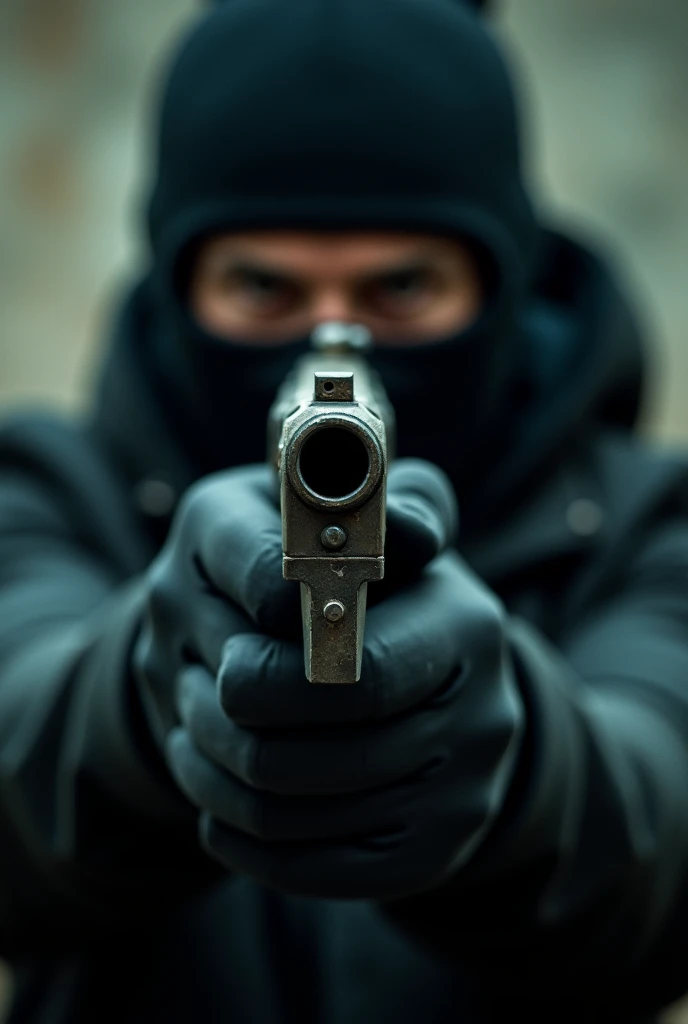 The man holding the gun is in the camera very close. He is wearing a mask to protect himself from bullets.
