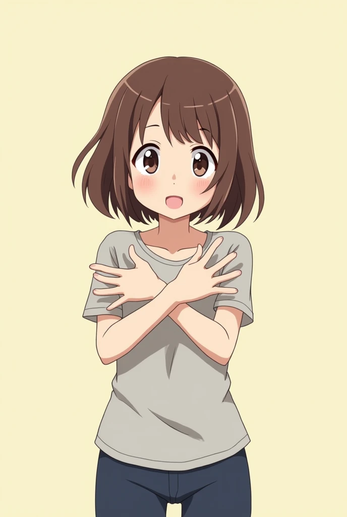 A character with brown bob hair is making a cross sign with both arms Arms crossed in front of chest、Forms an X Comical anime style
