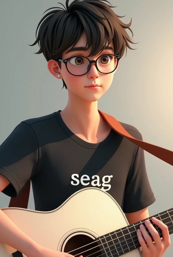 A handsome boy playing acoustic guitar, wearing ring on his middle finger wearing glasses and a black t-shirt and written "SEAG" on t-shirt and guitar white ring with realistic text