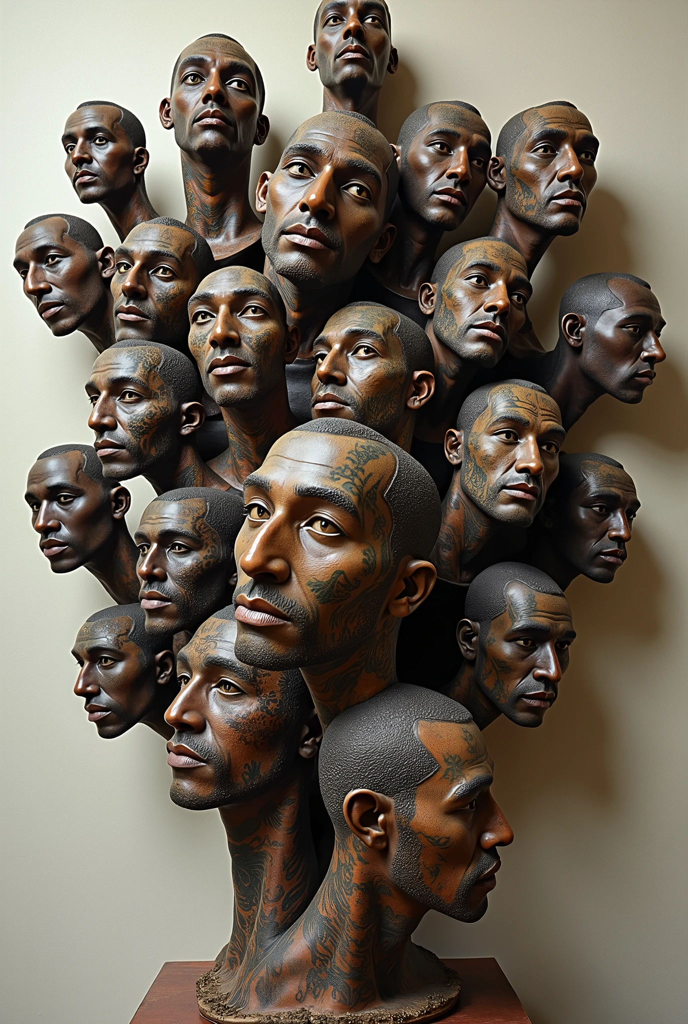 Expressionist artwork images of multiple floating ceramic heads of heavily tattooed black men, 3d collage style, make it weird and gallery worthy