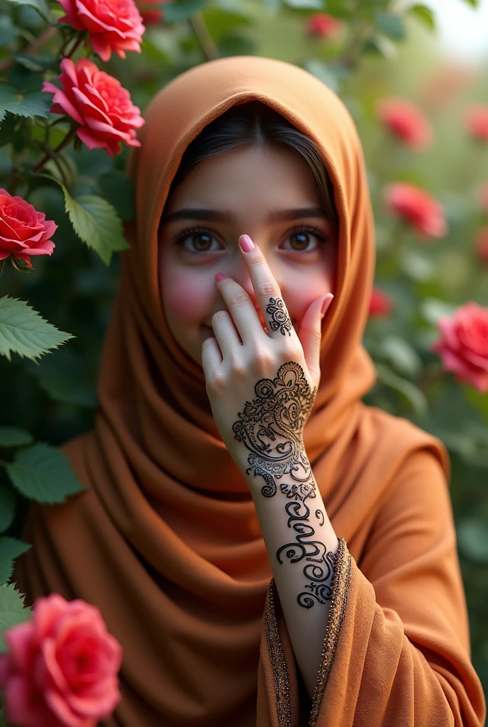 A i girl with sourav named henna tattoo name with background rose plants  hidden face with hijab
