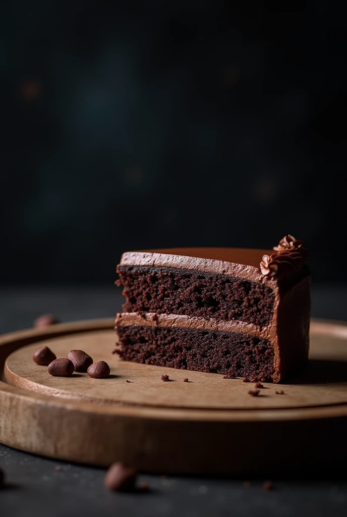 cinematic film still chocolate, chocolate cake, dark background, quality photo, moist texture, frosting, studio photo, slice . shallow depth of field, vignette, highly detailed, high budget, bokeh, cinemascope, moody, epic, gorgeous, film grain, grainy