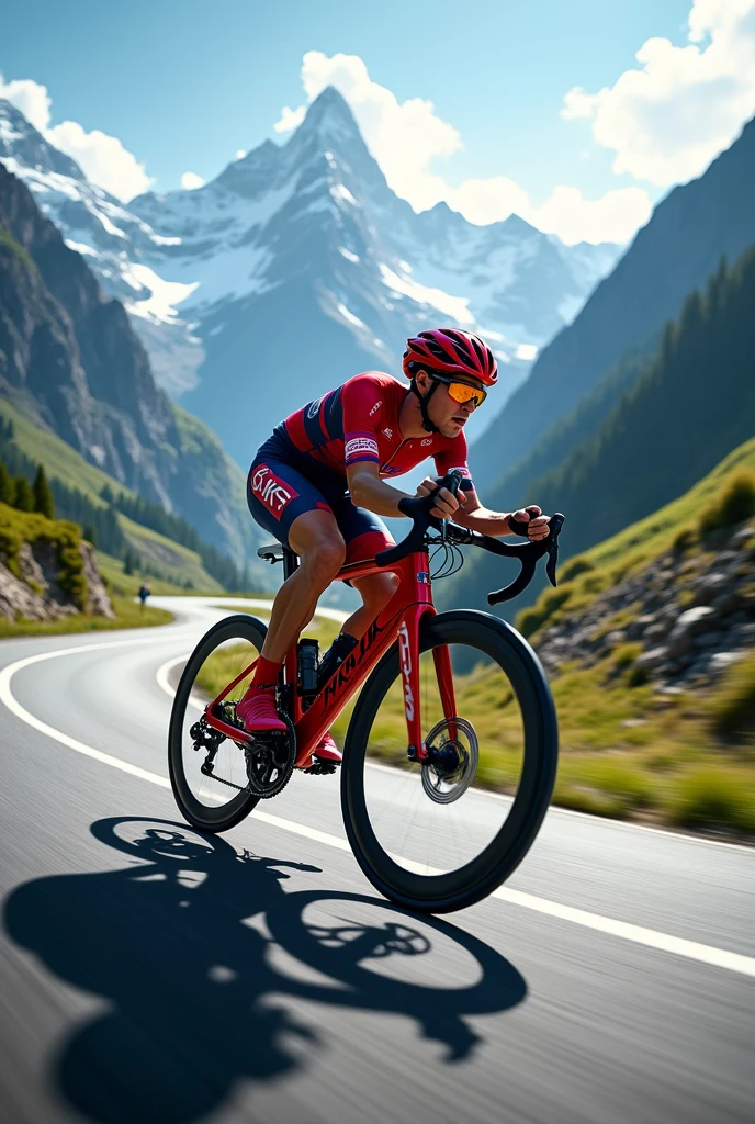 A red bike sport on the road and mountains