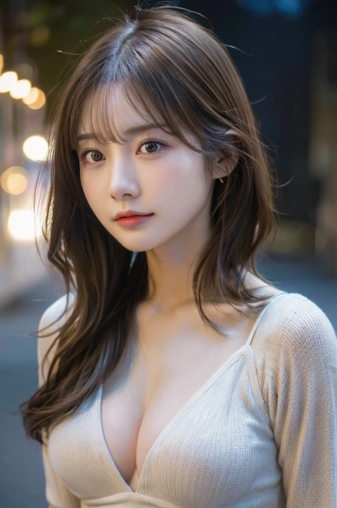 (Highest quality,masterpiece:1.3,Ultra-high resolution,),(Very detailed,Caustics),(Realistic:1.4,RAW shooting,)Ultra-Realistic Capture,Very detailed,High resolution 16K suitable for human skin、 (I like tight knits、Accentuated breasts)Natural skin texture、、Skin tone is even and healthy looking、 Use natural light and colour,One Woman,Japanese,,cute,Brown Hair,Mid-length hair,(Written boundary depth、chromatic aberration、、Wide range of lighting、Natural Shading、)、(Outdoor lighting at night:1.4)、(Hair swaying in the wind:1)、short hair、Outward flicked edge