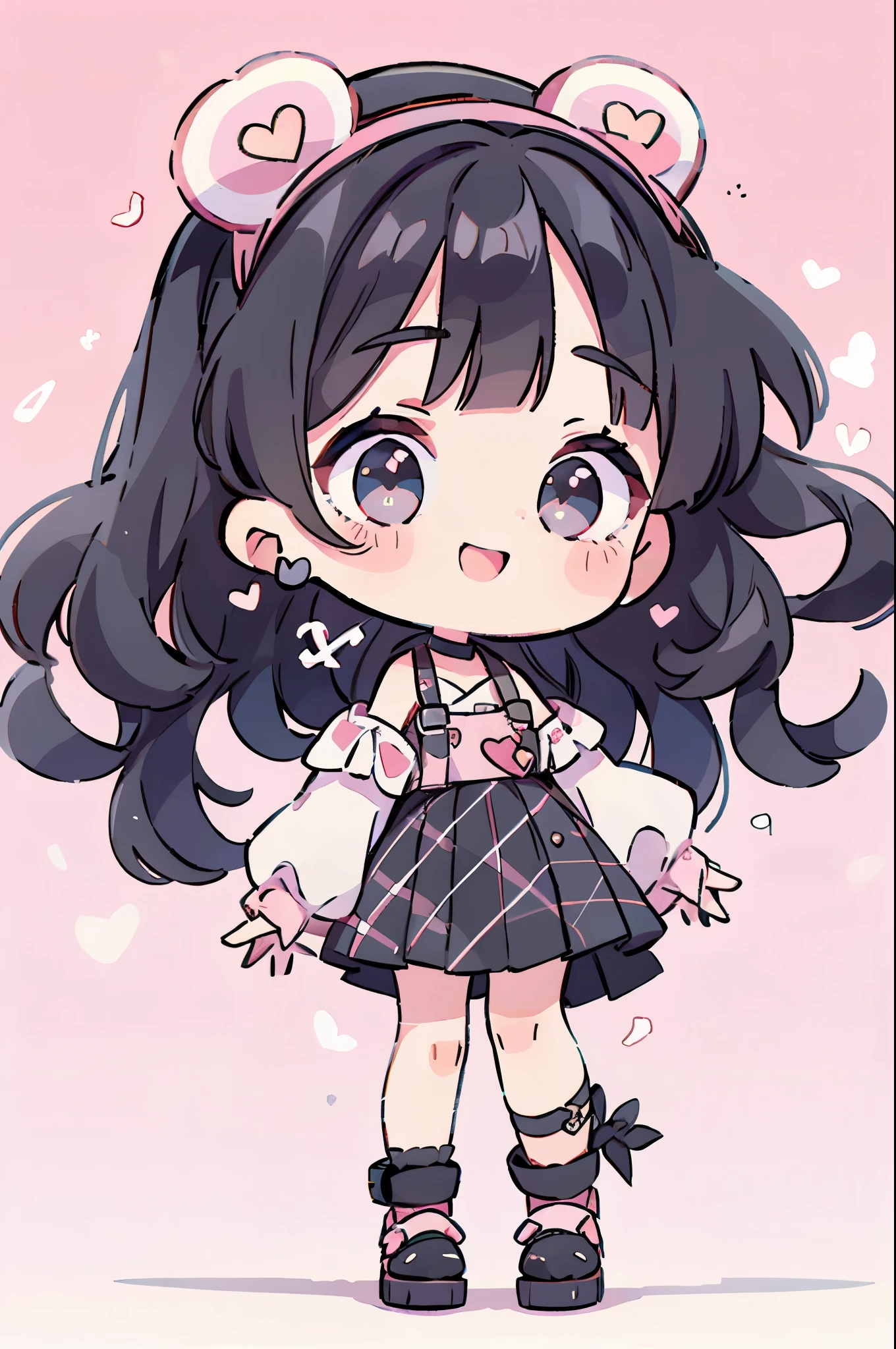 ((from front)),
((chibi)),
((peace sign)),
high resolution,smile,woman,woman1人,adult,cute,
blunt bangs, black hair, pink streaked hair, wavy hair, long hair, BREAK,
Red eyes,Sparkling Eyes,BREAK,
((Landmine fashion)),
Pink off-shoulder top,BREAK,Black plaid pleated skirt,BREAK,Black high heels,
Ribbon headband,BREAK,Heart Earrings,BREAK,Lace choker,BREAK,
Pink hearts on a white background,