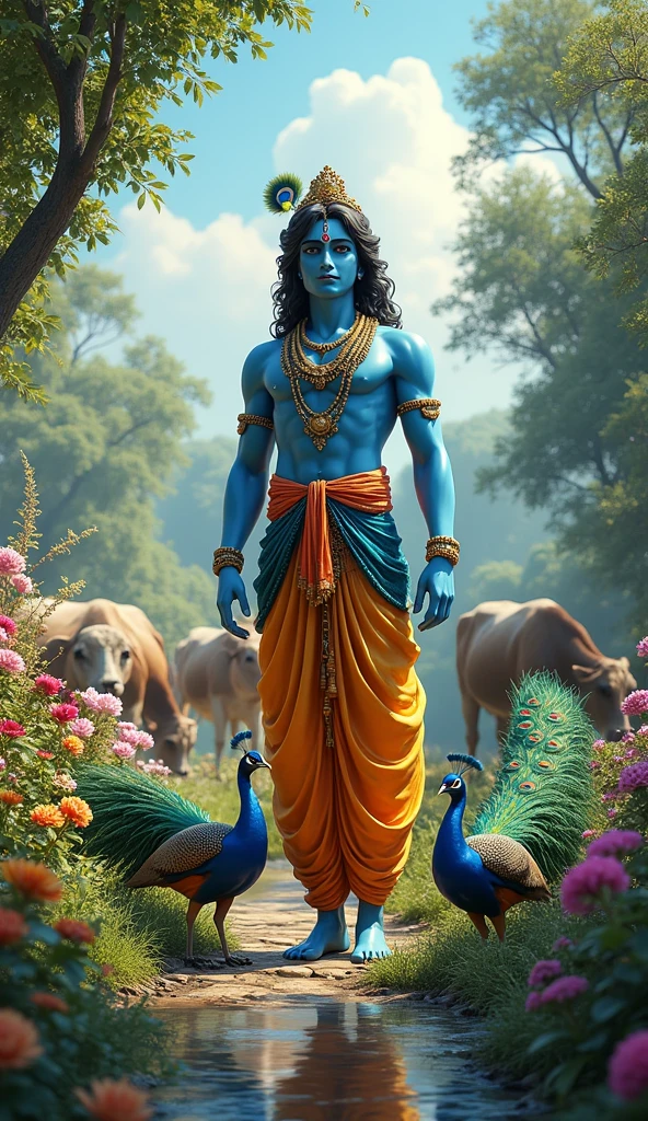 Lord krishna as  in village, create high quality realistic image, Landscape of a village, bight sky, vibrant colors, looking with smile, holding a flute in his hand, wearing a golden crown with a peacock feather in it, environment is background is of garden, image should ultra clear, hyper realistic, high quality 4k , peacock and birds