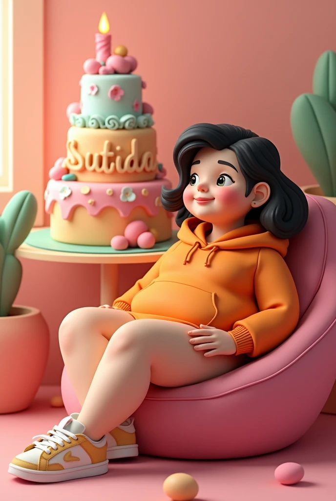 3D illustration of a fat girl as a physical education teacher sitting comfortably in front of a cake. The character must be wearing physical education teacher clothes such as an orange hoodie and sneakers. The background of the image is the main theme. Write 'SUTTIDA' on the bartender cake. Make sure the text is not misspelled. His age is 30 years old.