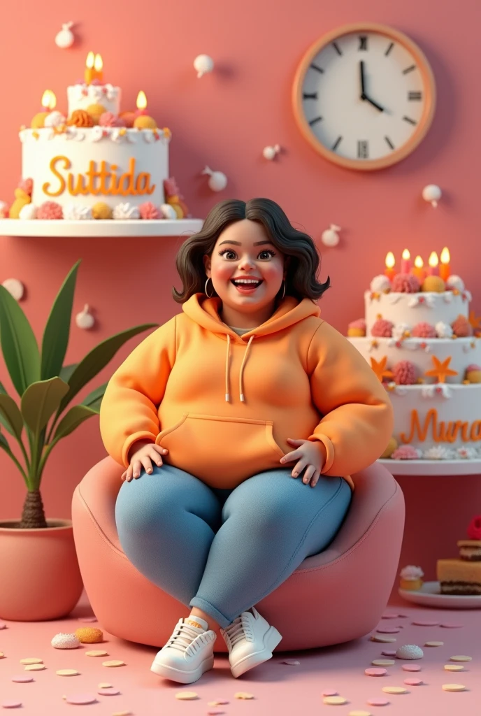 3D illustration of a fat girl as a physical education teacher sitting comfortably in front of a cake. The character must be wearing physical education teacher clothes such as an orange hoodie and sneakers. The background of the image is the main theme. Write 'SUTTIDA' on the bartender cake. Make sure the text is not misspelled. His age is 30 years old.