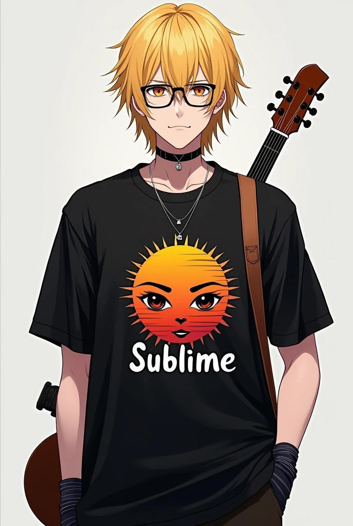 A man with gloves and a black shirt and a logo of a sun with eyes that says sublime and medium-length, short, big blonde hair and black glasses and a brown guitar on his back and anime 