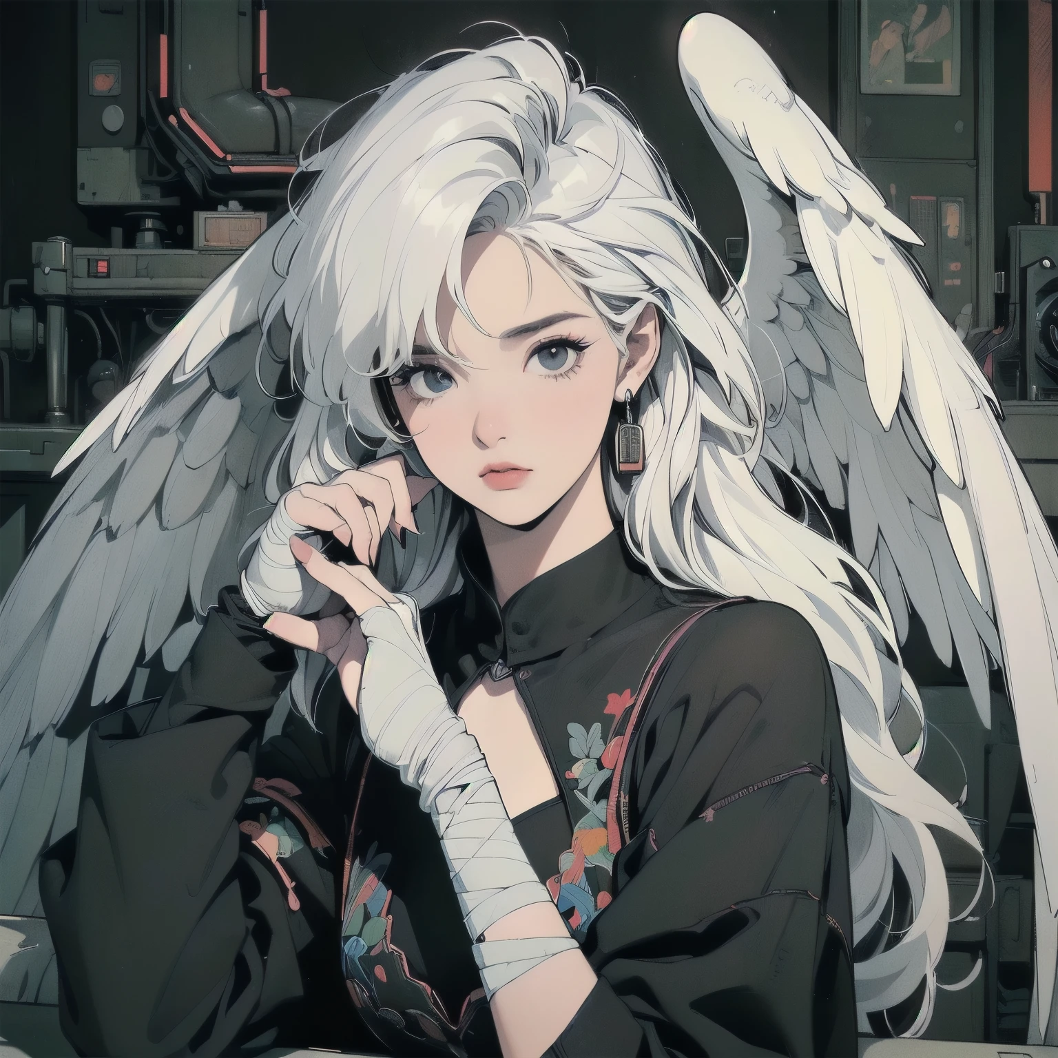 (((masterpiece, Highest quality)))、(((32K Wallpapers)))、The most detailed black machine、((Outdated black machinery and a woman)))、The most detailed background、(((Flat Chest)))、(((Surrounded by many complex, sophisticated, Outdated black machinery)))、Upper Body、 (one person:1.2), ((Overall colorfully))、A perfect Outdated black machinery、(((Perfect Face)))、(((The most complete Outdated black machinery)))、Detailed Hair、 (((Lots of cables)))、(((Black concrete wall)))、Close-up、(((Big white wings)))、(((White Hair)))、(((own hands together)))、(((A complex and huge engine)))、(((Very dark room)))、(((lots of bandages)))