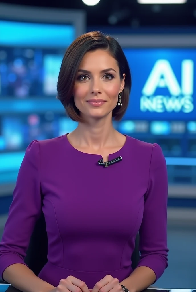 A brunette woman  with short hair wearing a purple dress sitting in a news room presenting the news the background has the words "AI NEWS "